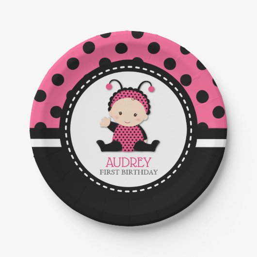 Baby Roze Ladybug First Birthday Baby shower Papieren Bordje (Voorkant)