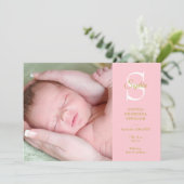 Baby Roze Monogram Geboorte 4 Foto's Modern Aankondiging (Staand voorkant)