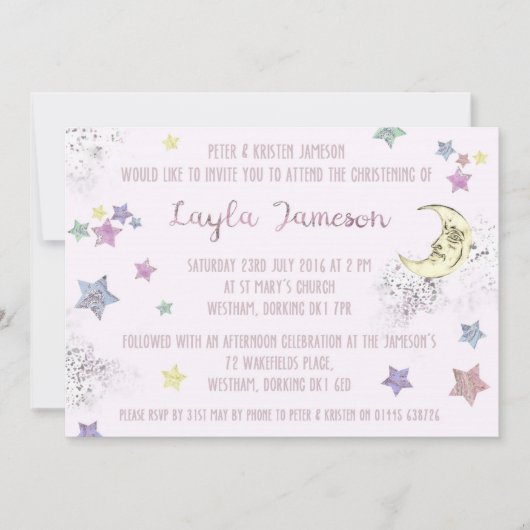 Baby roze Moon en Stars Party Invitation Kaart (Voorkant)