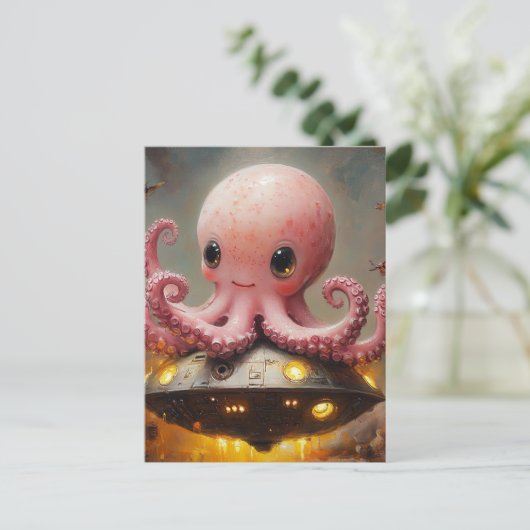 Baby Roze Octopus UFO Briefkaart (Staand voorkant)