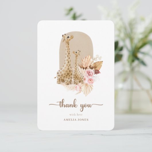 Baby Roze Pampas Grass Giraffe Baby shower Bedankkaart (Staand voorkant)