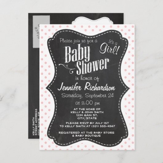 Baby-roze pooldots; alkbord uitnodiging briefkaart (Voorkant / Achterkant)