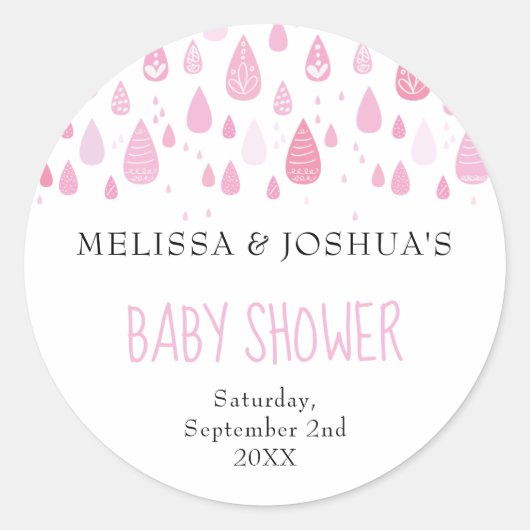 Baby roze regendruppels koppels baby shower ronde sticker (Voorkant)