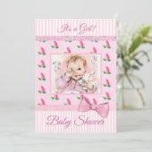 Baby Roze Rosebuds Baby shower Invitation Kaart (Staand voorkant)