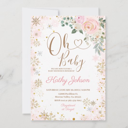 Baby Roze Snowflake Floral Baby shower Kaart (Voorkant)