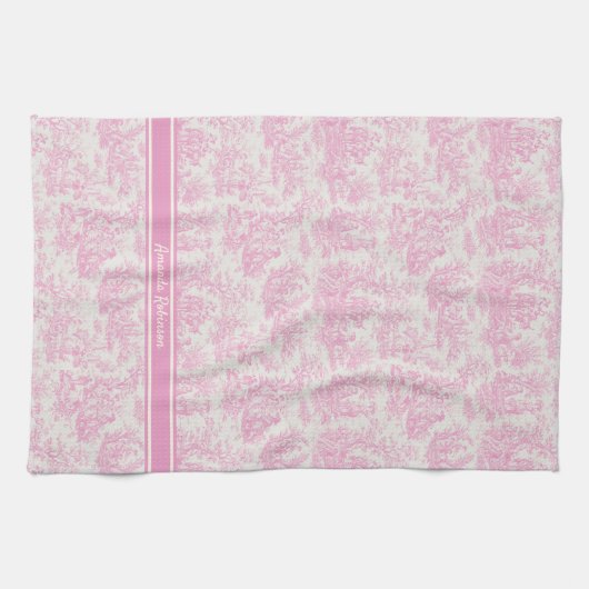  baby roze toile de jouy bedrukt theedoek (Horizontaal)