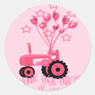 Baby roze tractor met ballonnetjes ronde sticker