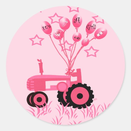 Baby roze tractor met ballonnetjes ronde sticker (Voorkant)