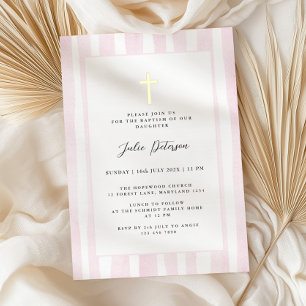 Baby Roze Waterverf Gouden Kruis Doop Folie Uitnodiging
