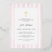 Baby Roze Waterverf Gouden Kruisdoop Folie Uitnodiging (Voorkant)