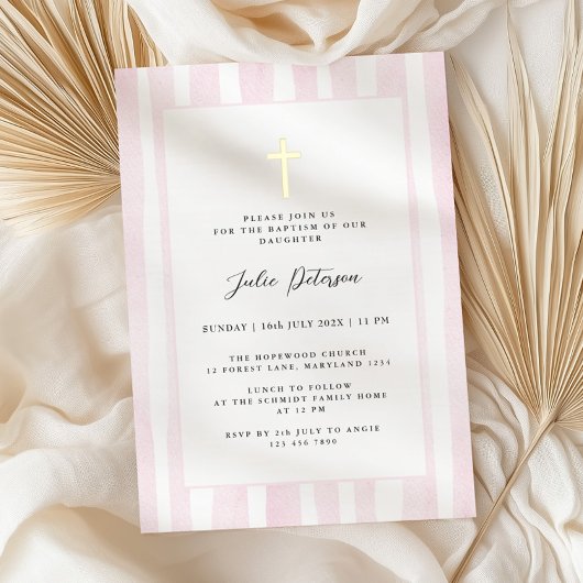 Baby Roze Waterverf Gouden Kruisdoop Folie Uitnodiging