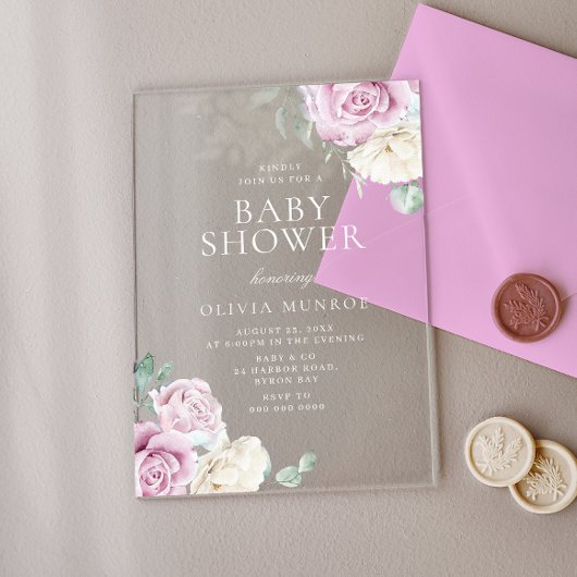 Baby Roze & Witte Bloemen Baby shower Acryl Uitnodigingen