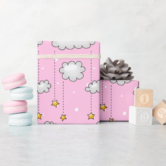Baby Roze Zwitserse Stippen en sterren Cadeaupapier (Baby Shower)
