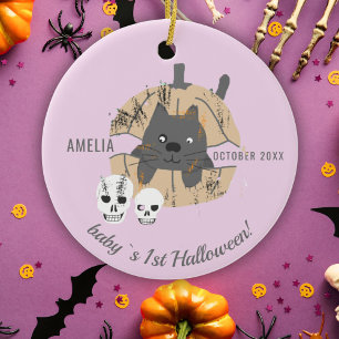 Baby`s 1e Halloween Roze Kat Pompoen Schedel Keramisch Ornament