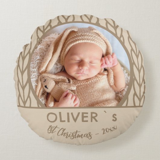 Baby`s 1e kerst Brei foto Rond Kussen (Voorkant)
