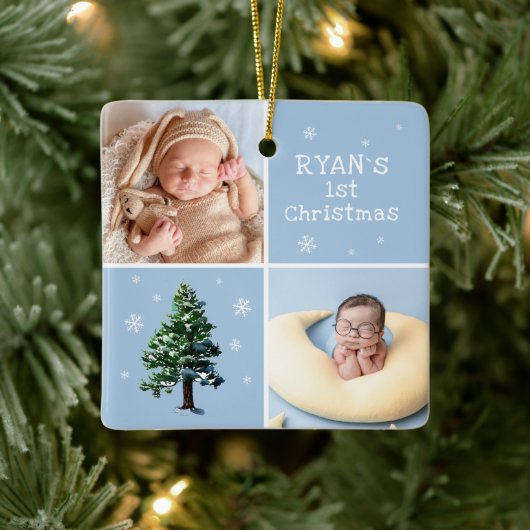 Baby`s 1e Kerstmis 2 Foto's Pijnboom Sneeuwvlokken Keramisch Ornament (Boom)