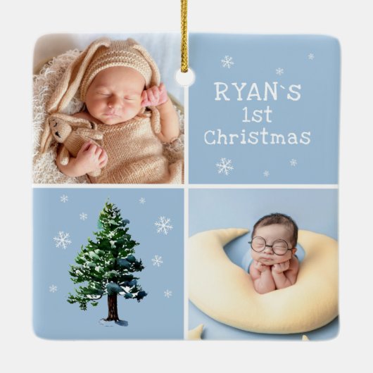 Baby`s 1e Kerstmis 2 Foto's Pijnboom Sneeuwvlokken Keramisch Ornament (Achterkant)
