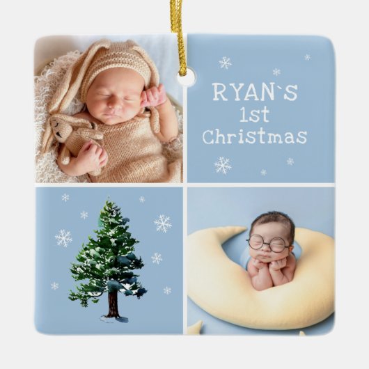 Baby`s 1e Kerstmis 2 Foto's Pijnboom Sneeuwvlokken Keramisch Ornament (Voorkant)