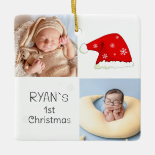 Baby`s 1e Kerstmis 2 Foto's Santa Hat Sneeuwvlok Keramisch Ornament