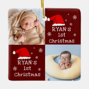 Baby`s 1e Kerstmis 2 Foto's Santa Hat Sneeuwvlok Keramisch Ornament