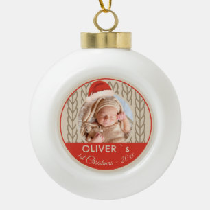 Baby`s 1e kerstmis Santa-hoed Breien Foto Keramische Bal Ornament