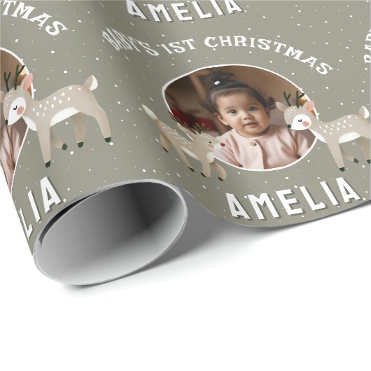 Baby’s 1st Christmas Reindeer Keepsake Photo Cadeaupapier (Rol Hoek)