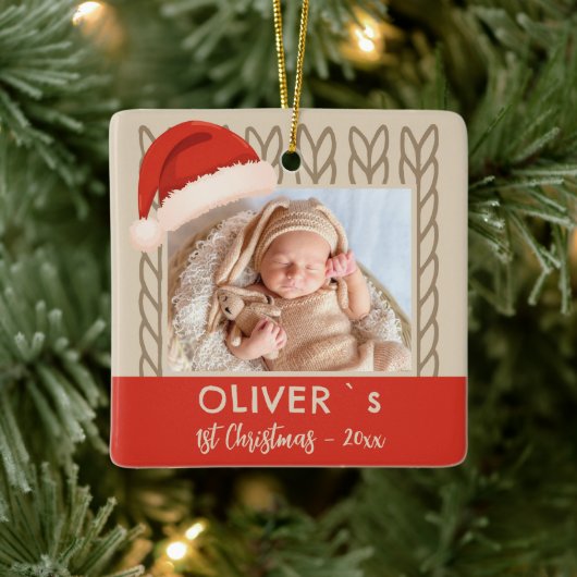 Baby`s 1st Christmas Santa Hat Knitting Photo Keramisch Ornament (Boom)
