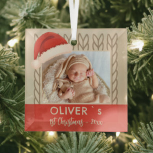 Baby`s 1st Kerstmis Santa Hoed Breien Foto Glas Ornament