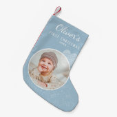 Baby`s Eerste Kerstmis Blauw Hart Foto Kleine Kerstsok (Voorkant (Hangend))