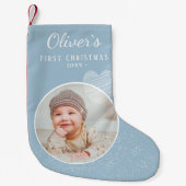 Baby`s Eerste Kerstmis Blauw Hart Foto Kleine Kerstsok (Voorkant)