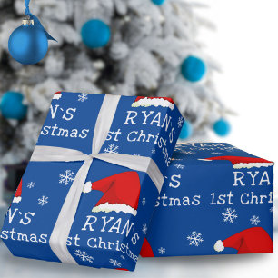 Baby`s Eerste Kerstmis Blauwe Kerstman Hoed Sneeuw Cadeaupapier