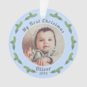 Baby`s Eerste Kerstmis Grove Blauwe Foto Ornament