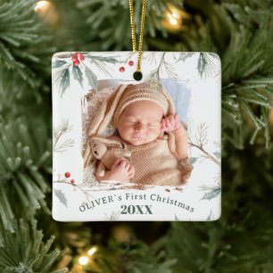 Baby`s Eerste Kerstmis Hulst Winterloof Foto Keramisch Ornament