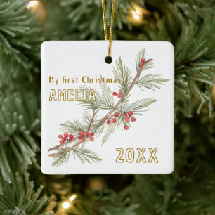 Baby`s Eerste Kerstmis Hulst Winterloof Keramisch Ornament