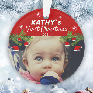 Baby`s Eerste Kerstmis Kerstman Hoed Dennenhout Fo Ornament