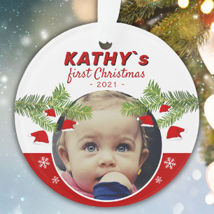 Baby`s Eerste Kerstmis Kerstman Hoed Dennenhout Fo Ornament