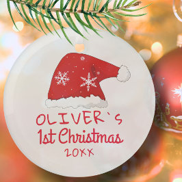 Baby`s Eerste Kerstmis Kerstman Hoed Sneeuwvlokken Glas Ornament