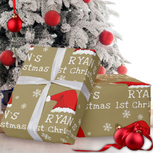 Baby`s Eerste Kerstmis Rode Kerstman Hoed Sneeuwvl Cadeaupapier
