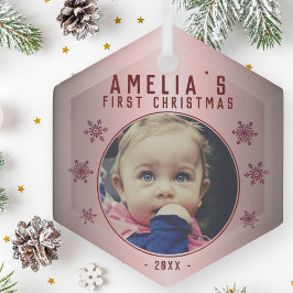 Baby`s Eerste Kerstmis Rood Roze Sneeuwvlok Foto Glas Ornament