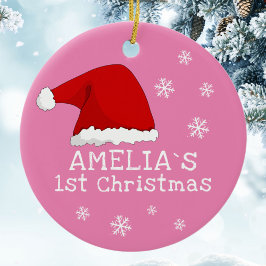 Baby`s Eerste Kerstmis Roze Kerstman Hoed Sneeuwvl Keramisch Ornament