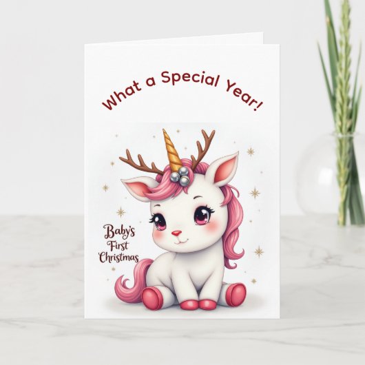 Baby’s First Christmas 2025 Unicorn Reindeer card Kaart (Voorkant)