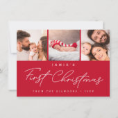 Baby’s First Christmas 3 Photo Collage Script RED Feestdagenkaart (Voorkant)