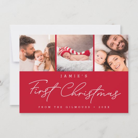 Baby’s First Christmas 3 Photo Collage Script RED Feestdagenkaart (Voorkant)