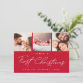 Baby’s First Christmas 3 Photo Collage Script RED Feestdagenkaart (Staand voorkant)