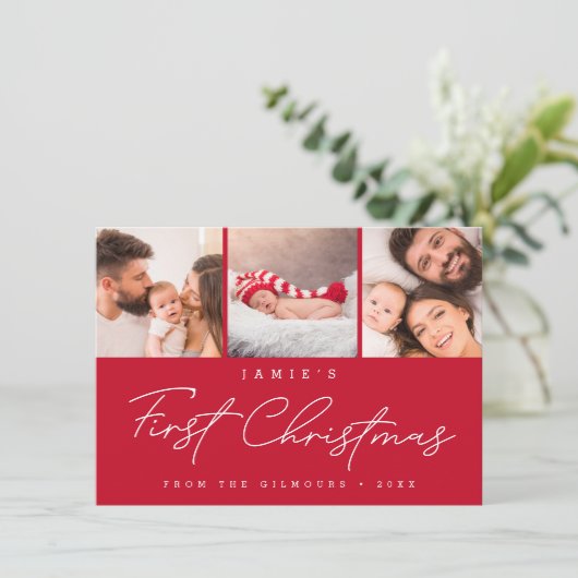 Baby’s First Christmas 3 Photo Collage Script RED Feestdagenkaart (Staand voorkant)