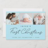 Baby’s First Christmas Blue Photo Collage Modern Feestdagenkaart (Voorkant)