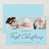 Baby’s First Christmas Blue Photo Collage Modern Feestdagenkaart (Voorkant / Achterkant)