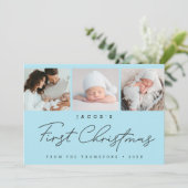 Baby’s First Christmas Blue Photo Collage Modern Feestdagenkaart (Staand voorkant)