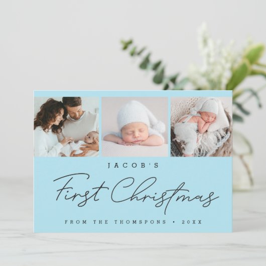 Baby’s First Christmas Blue Photo Collage Modern Feestdagenkaart (Staand voorkant)