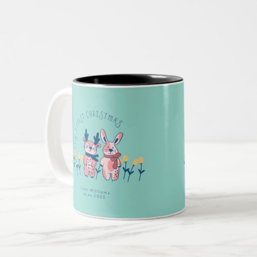 Baby’s First Christmas cute Reindeer Friends Tweekleurige Koffiemok (Voorkant links)